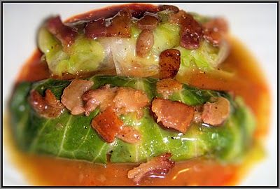 Smoked Oyster Stuffed Cabbage Rolls with Roasted Red Pepper Puree and Warm Bacon Vinaigrette